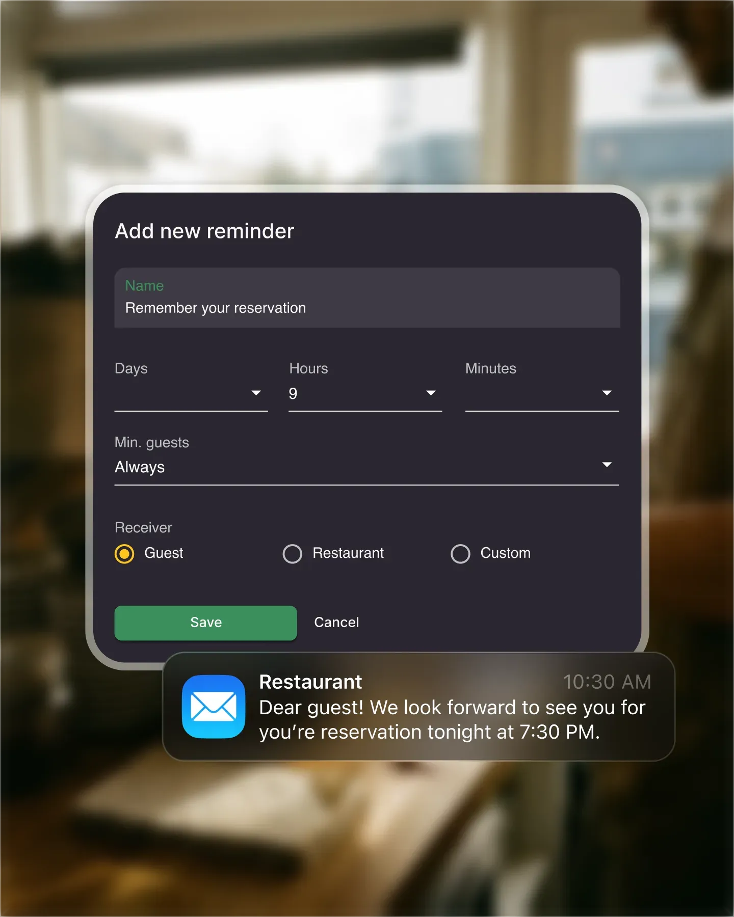 Resos automation settings showing confirmation and reminder rules