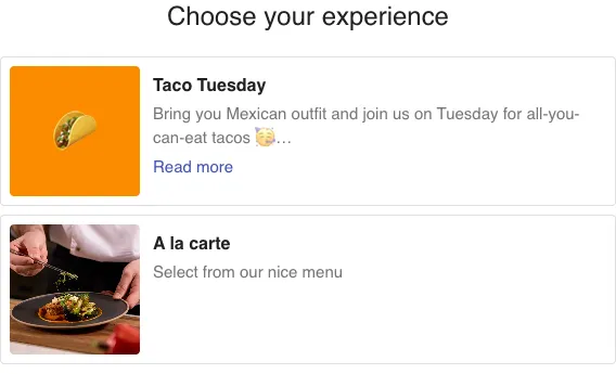 Booking flow asking the guest to choose an experience, with a regular booking card