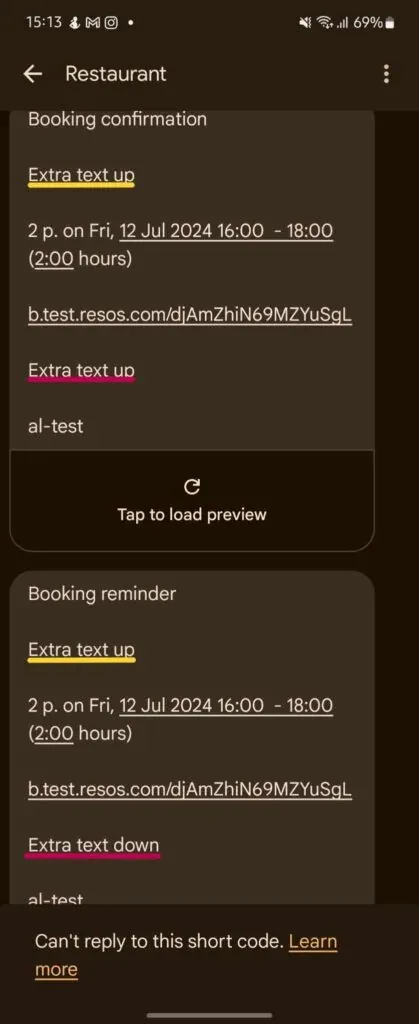 Booking notification SMS with extra text