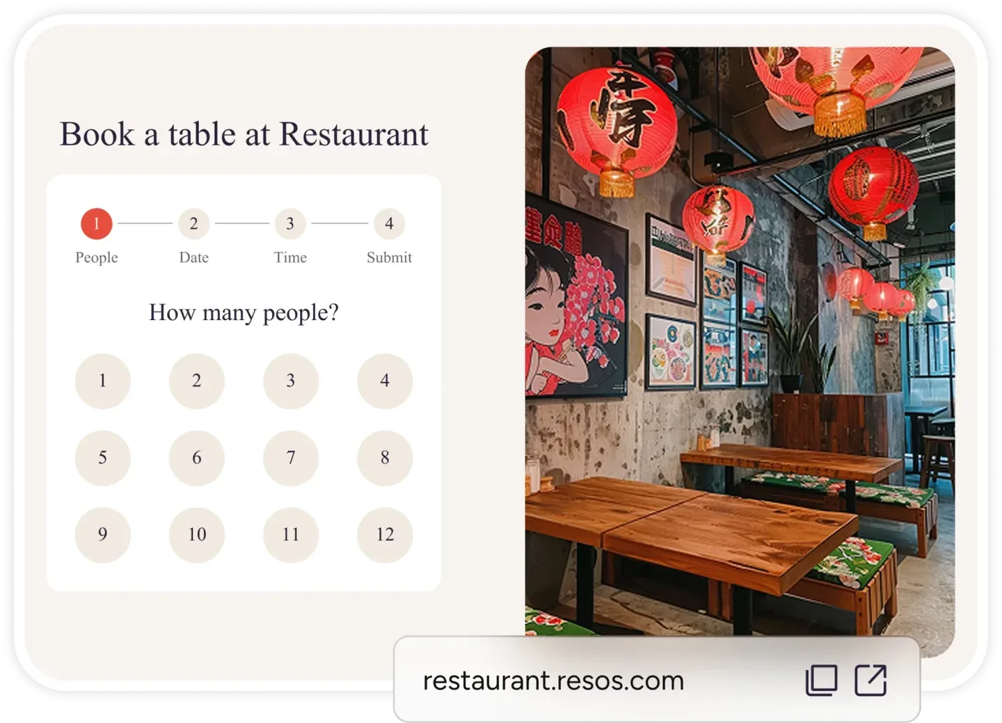 Resos booking page showing a table reservation form with restaurant interior photo