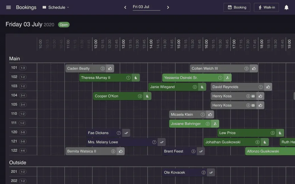Resos schedule view showing brasserie bookings and walk-ins in one overview