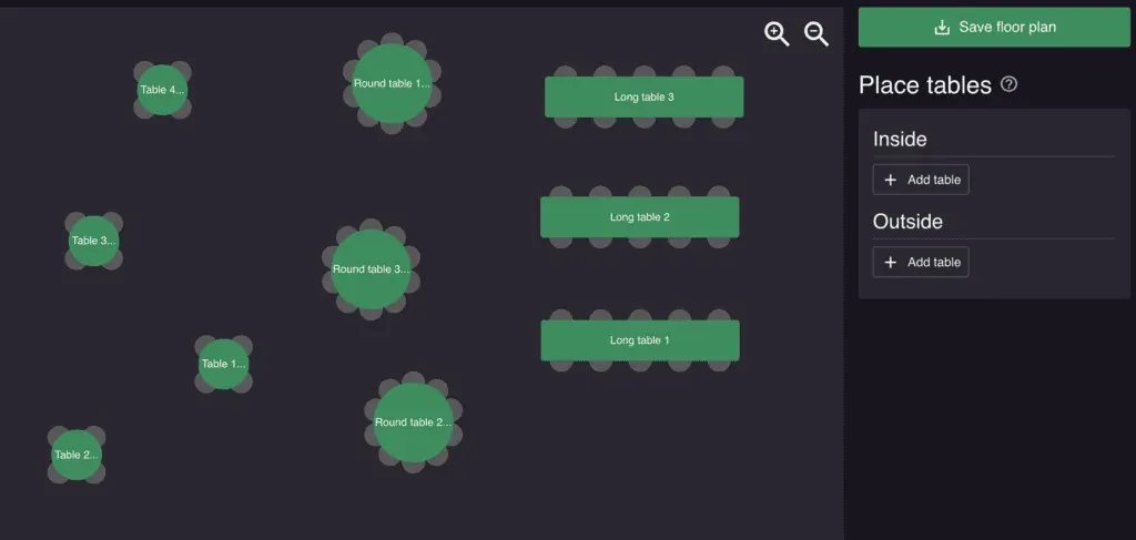 Resos visual table planner showing round and long tables on a floor plan