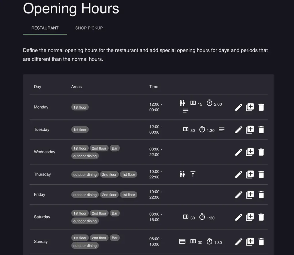 Booking system opening hours