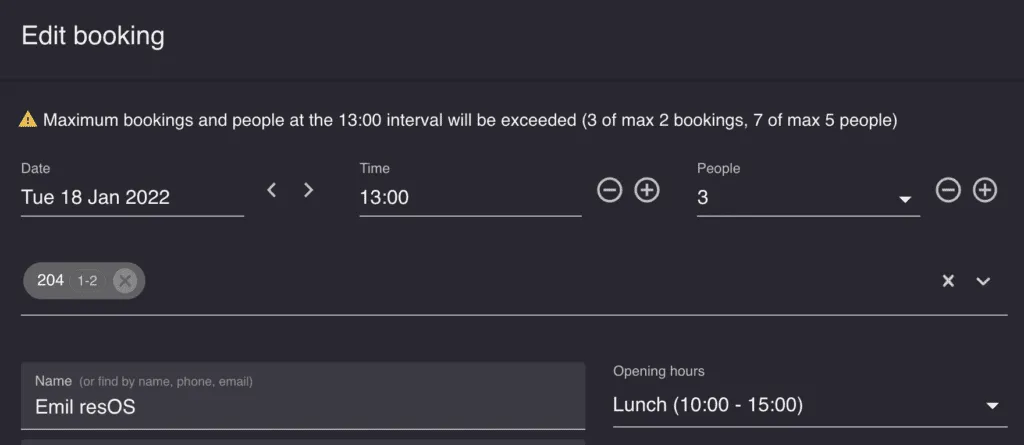 Booking warnings & select opening hour