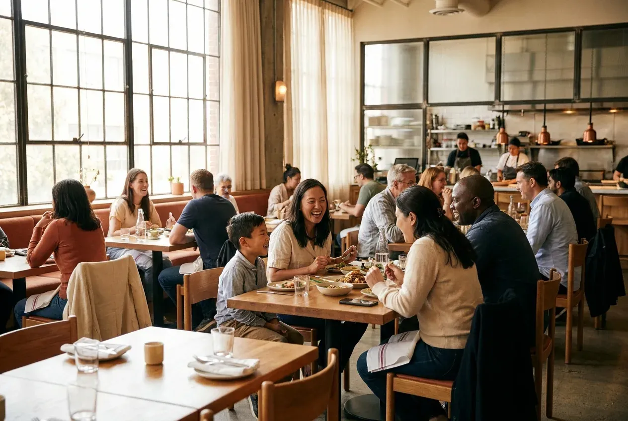 Busy restaurant dining room full of guests enjoying dinner