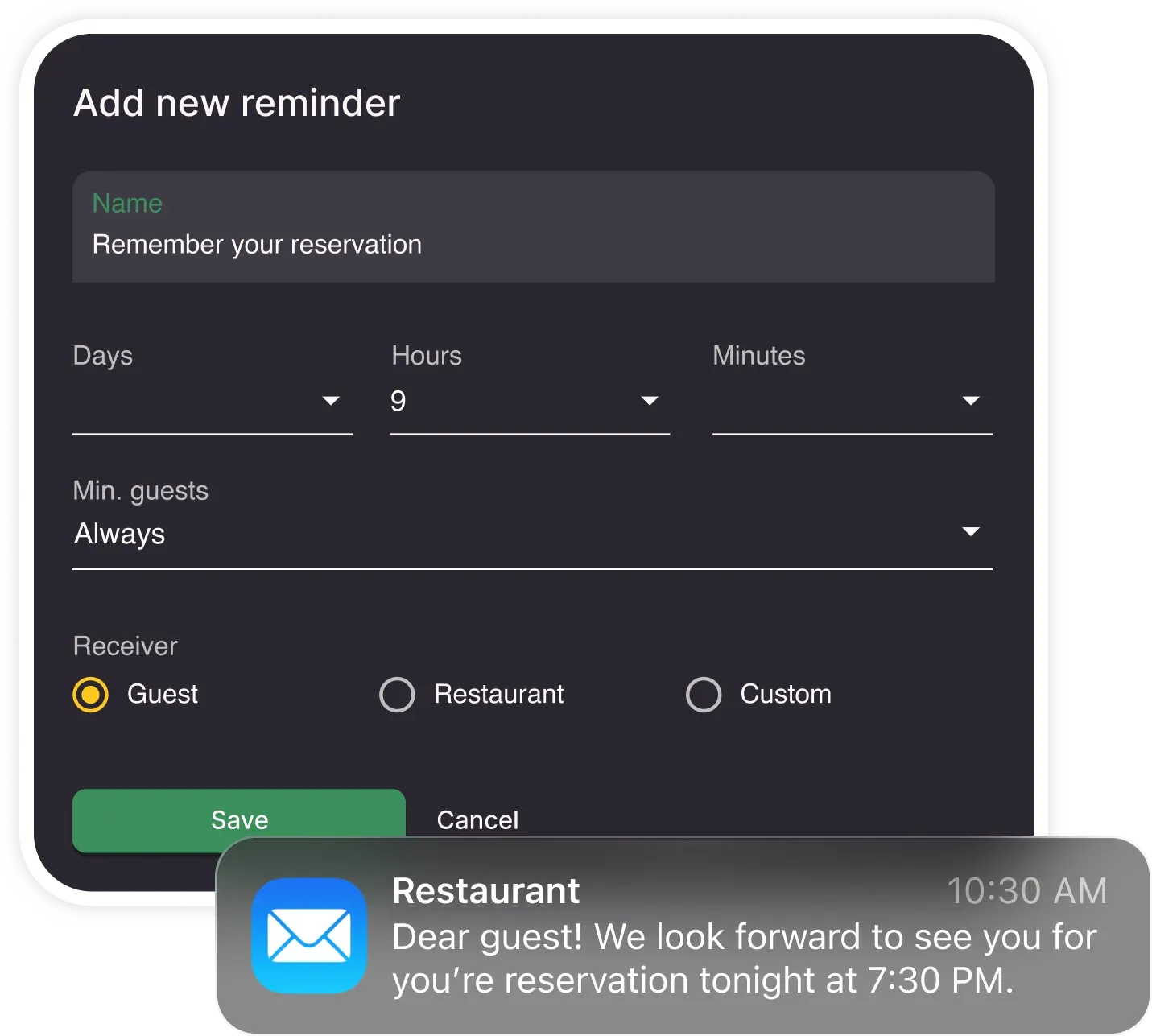 Resos reminder settings dialog and a push notification confirming a reservation