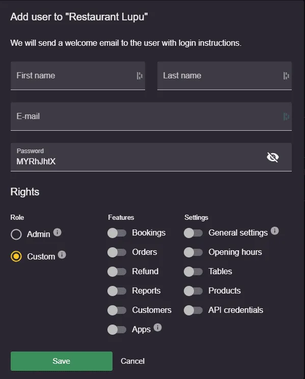 create new user Resos