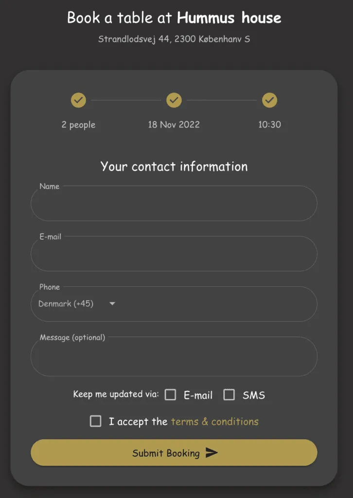 Customized booking widget with new colors, fonts, and rounded corner styling