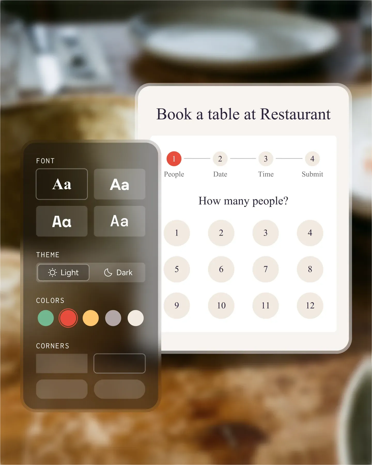 Custom-branded Resos booking page with restaurant logo and colors