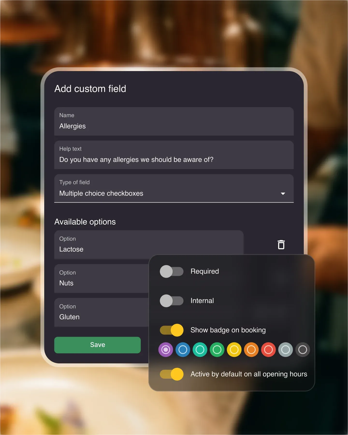 Resos custom booking fields showing dietary and occasion options