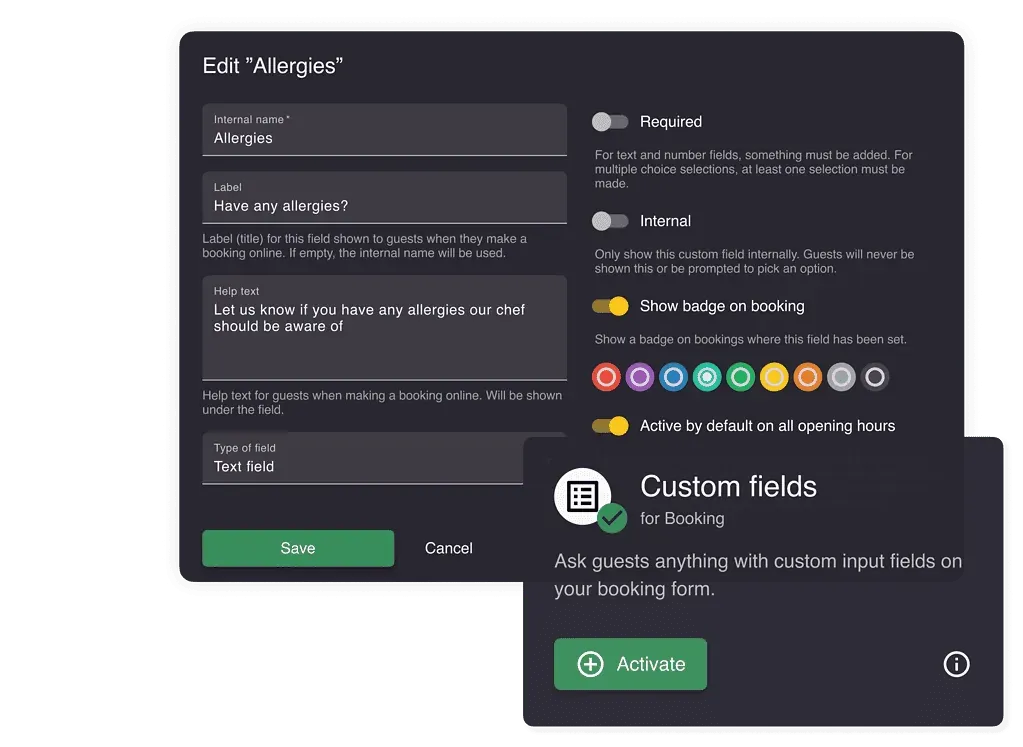 Custom input fields form Resos