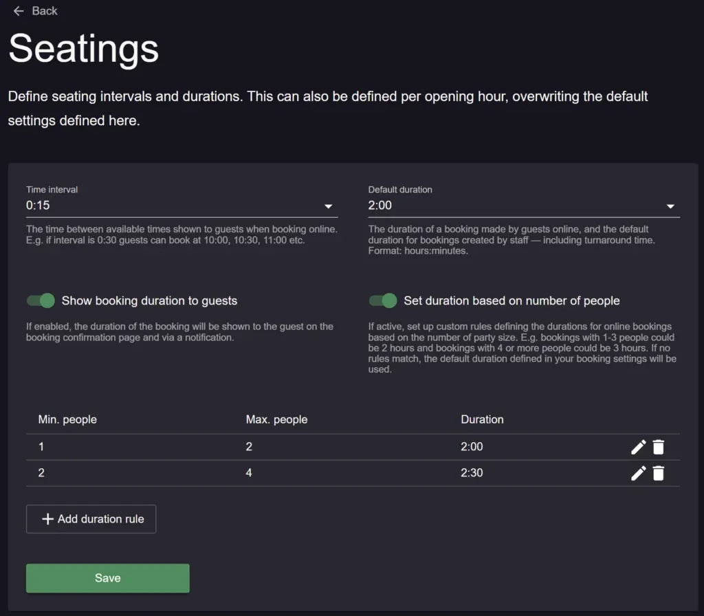 default booking duration