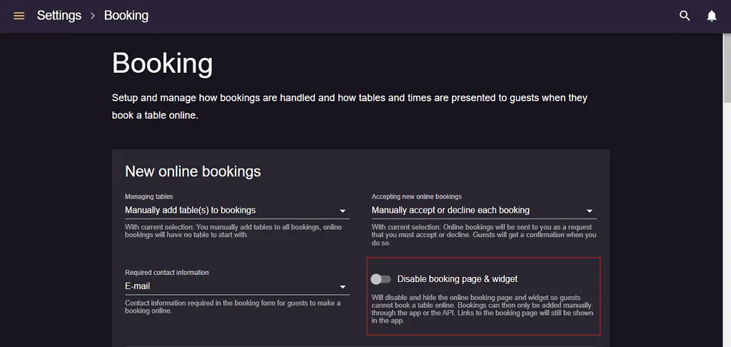 disable booking widget and page