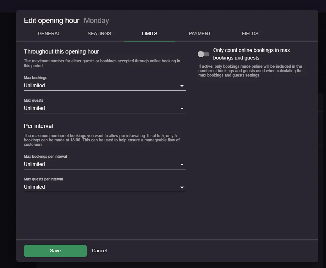 Edit opening hour dialog on the limits tab with max bookings and max guests settings