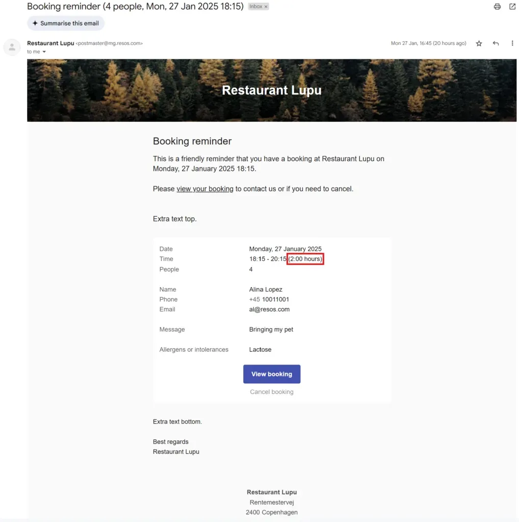 Email notification showing booking duration