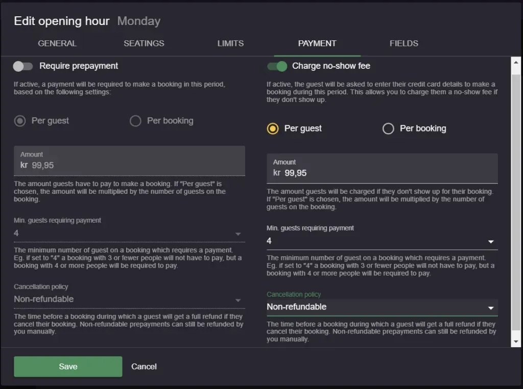 enable no-show fees in the opening hours