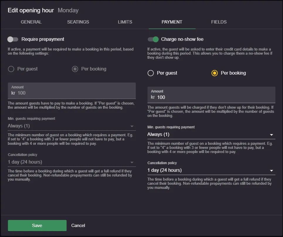 enable no-show in the opening hours section