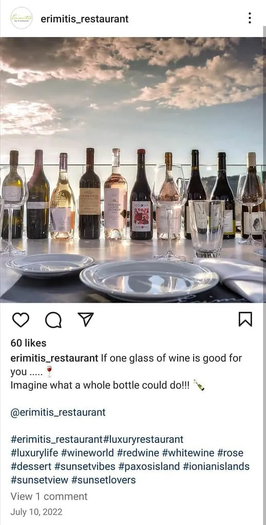 Erimitis restaurant first instagram post
