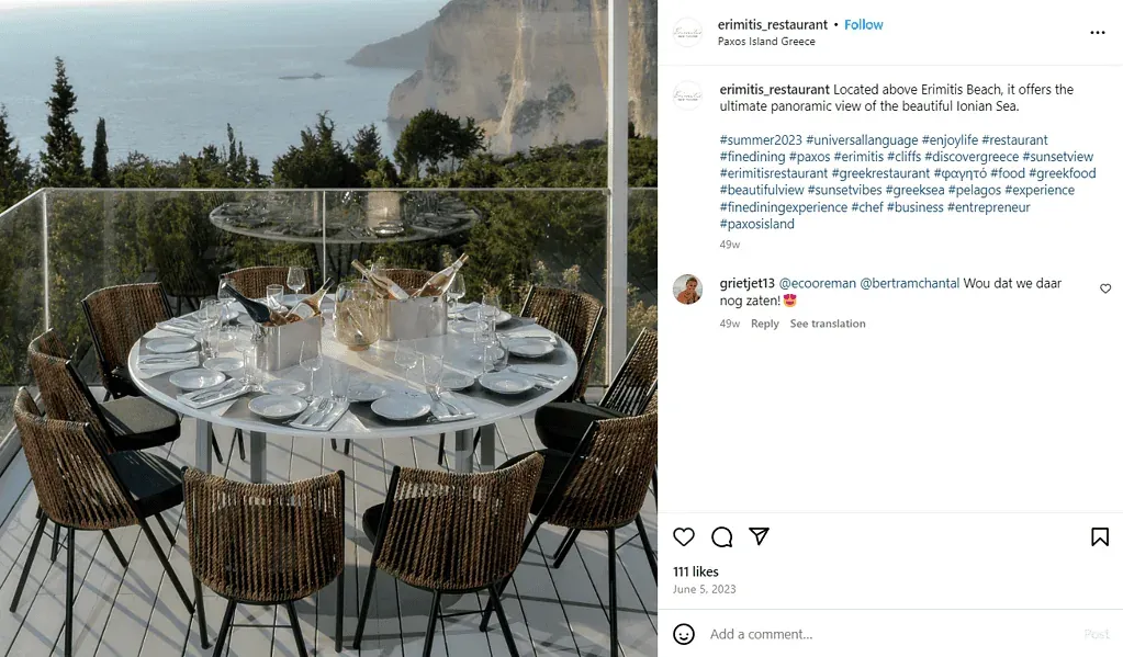 Erimitis Restaurant – social media copywriting example