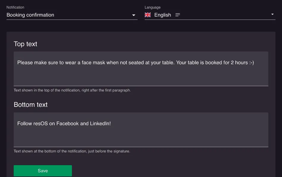 Screenshot from Resos.com Personalized communication on Resos.com
