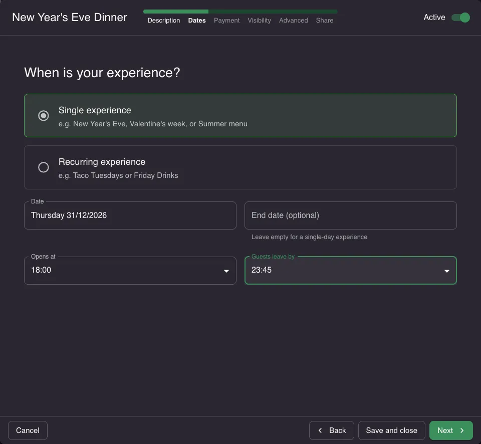 Dates step showing single and recurring options with date and opening times