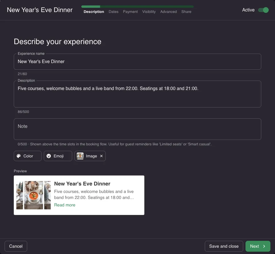 Description step of the Experience wizard with name, description and image preview
