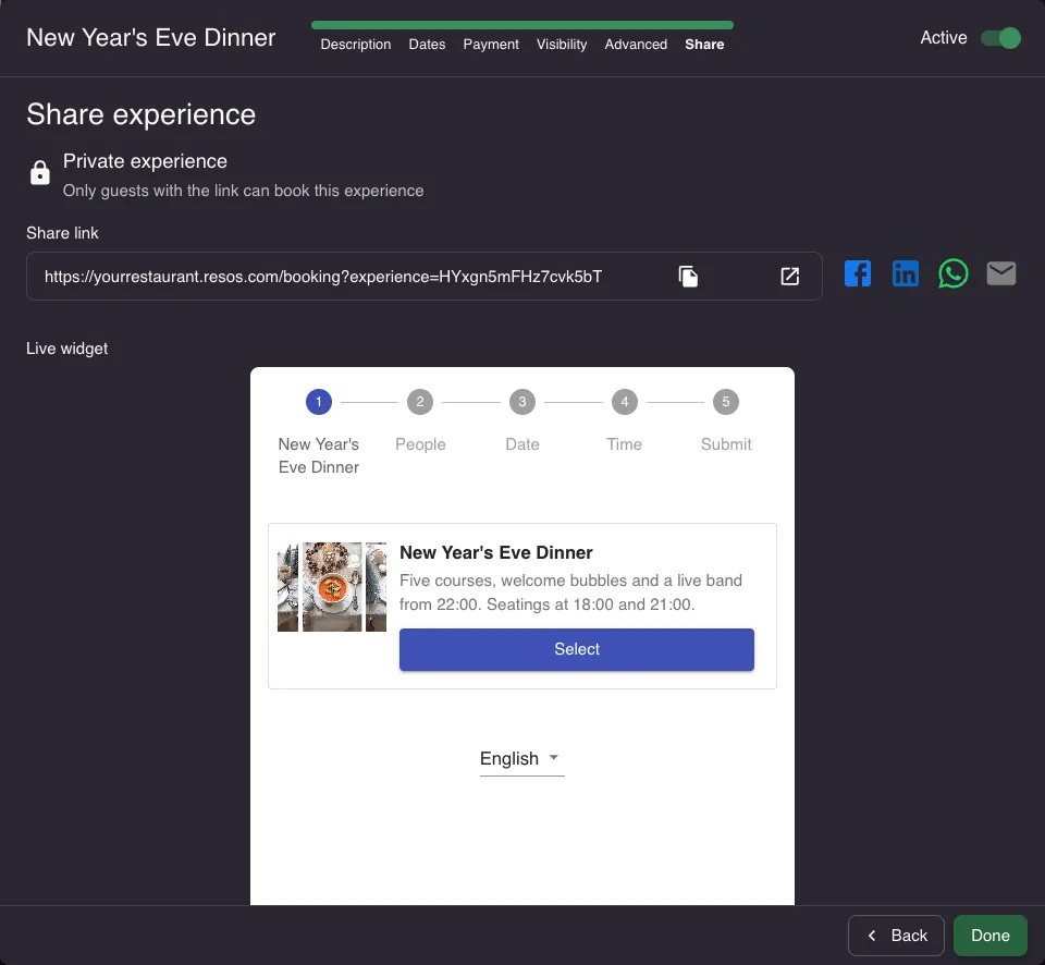 Share step showing the booking link, sharing buttons and live widget preview