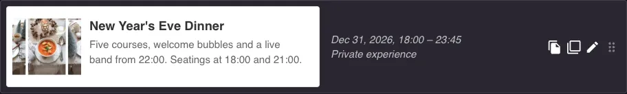 Experience row showing dates, the private label and the copy, duplicate and edit buttons