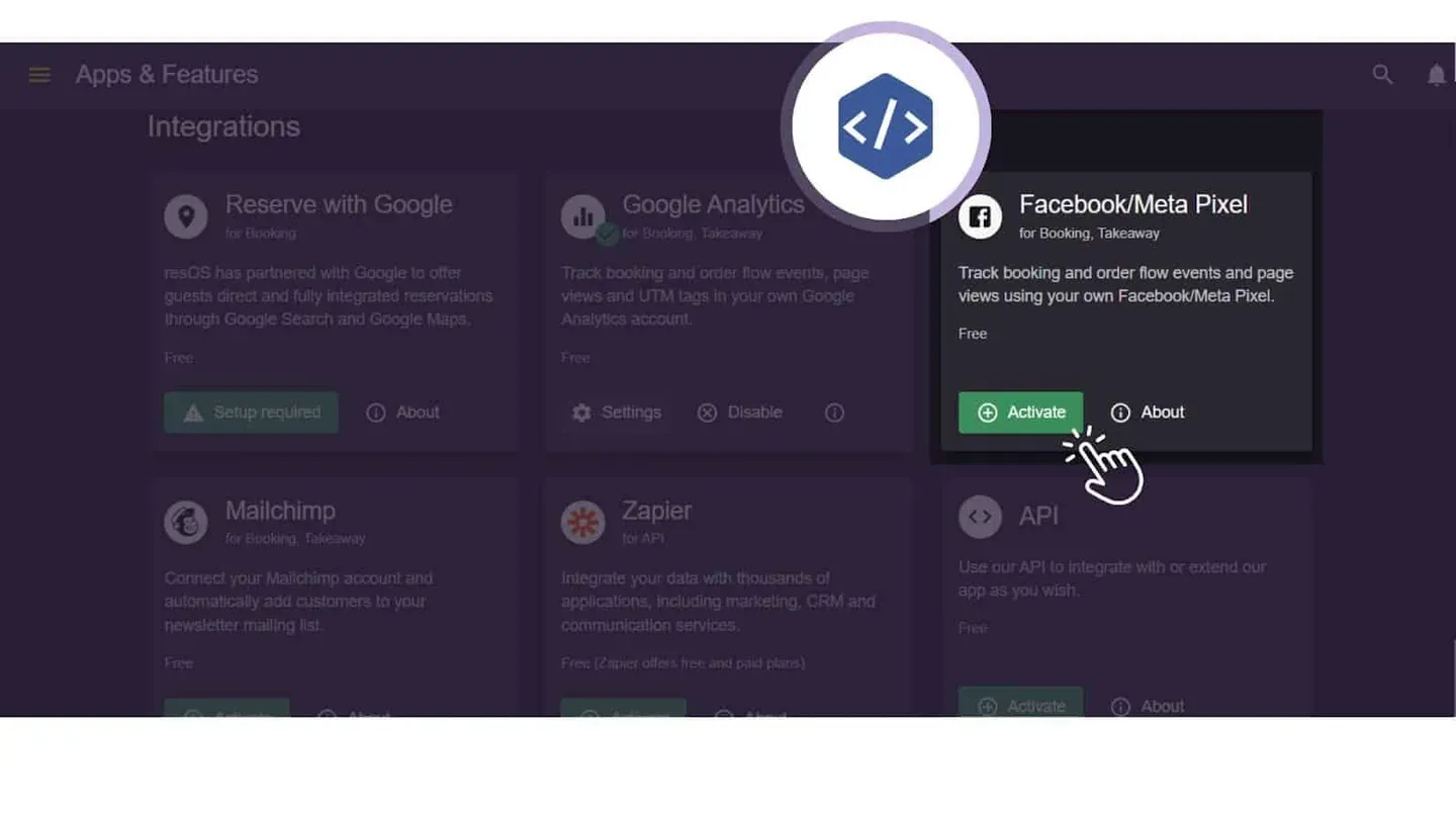 Facebook pixel integration in Resos app