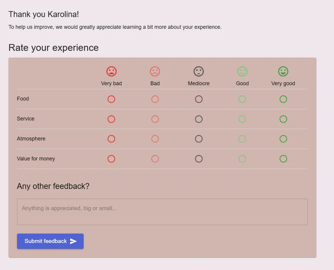 Feedback form where guests rate food, service, atmosphere, and value for money