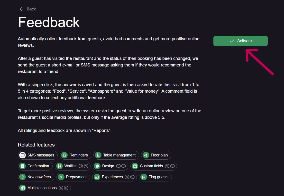 Feedback settings page with the activate button highlighted