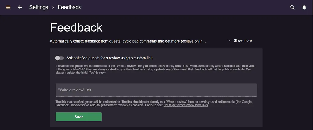 Feedback settings screen with the field for inserting a custom review link