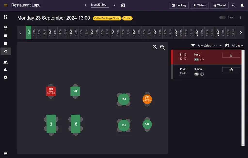 Resos floor plan view showing daily bookings assigned to restaurant tables