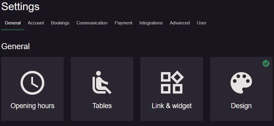 General settings menu where the custom design add-on is activated in Resos