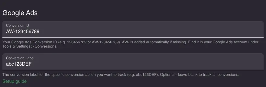 Google Ads section in Resos settings