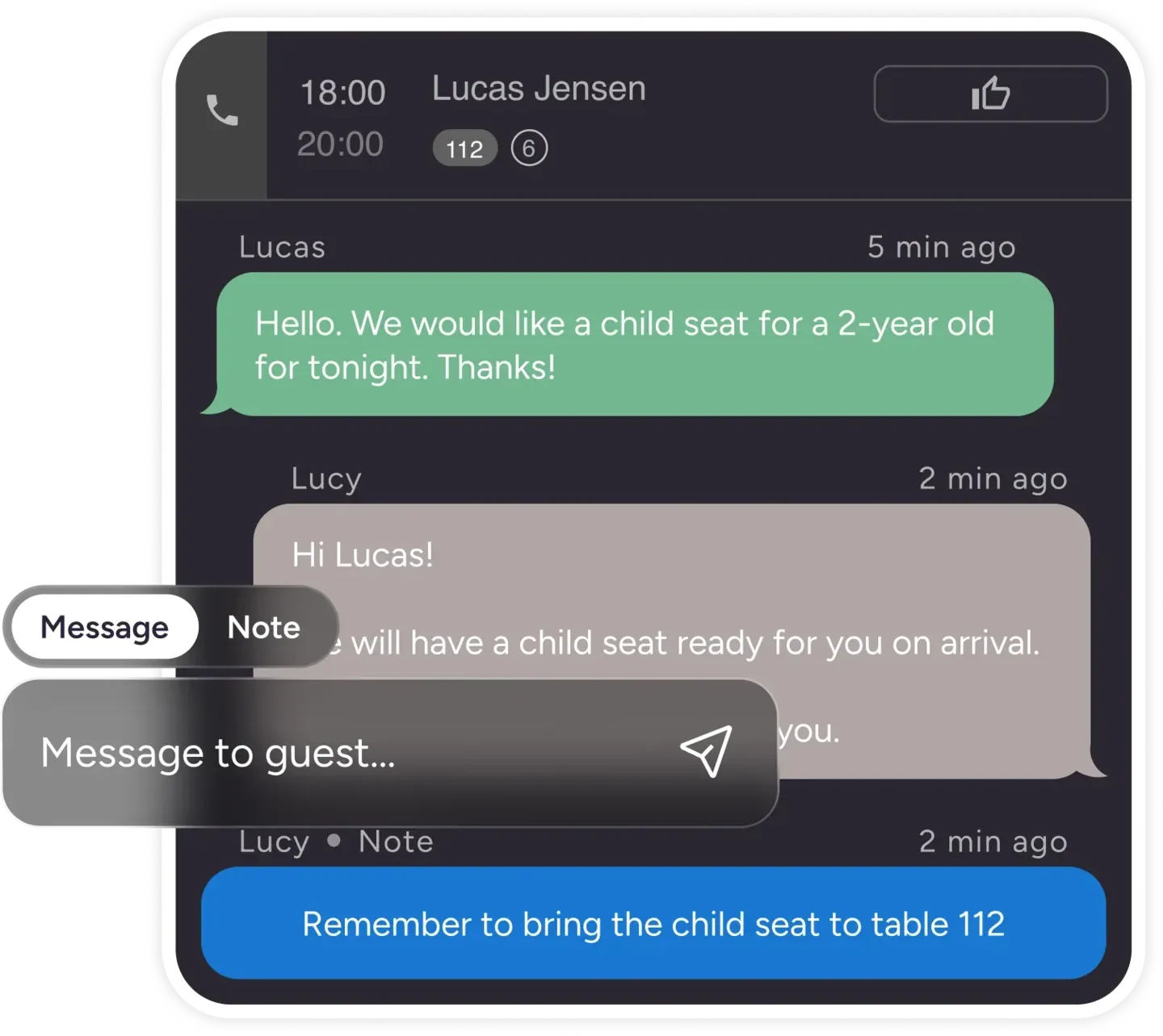 Resos guest chat showing messages between restaurant staff and a guest requesting a child seat