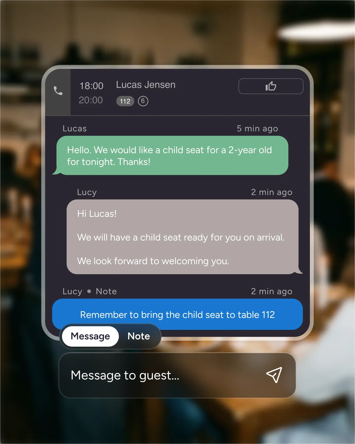 Resos guest chat showing a message thread between restaurant and guest