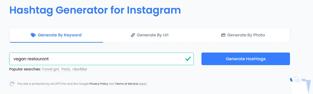 hashtag Instagram generator vegan restaurant