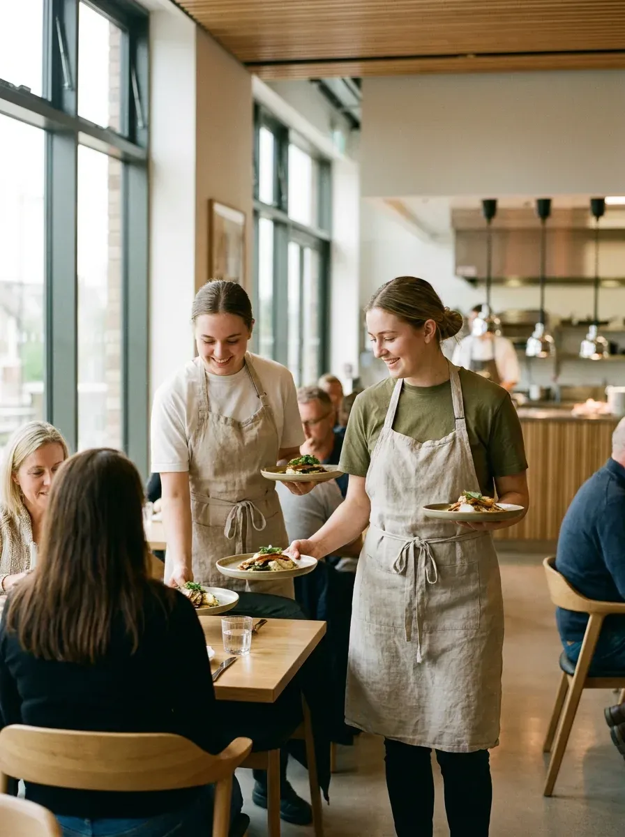 Estudantes de hotelaria a servir clientes num restaurante de formação