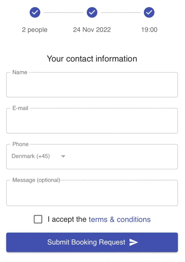 Standard Resos booking widget shown before custom design changes are applied
