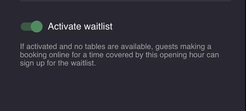 Opening hours settings screen with the activate waitlist toggle enabled