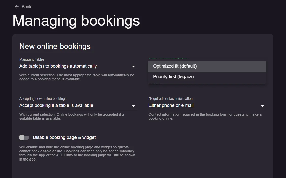 Managing bookings settings with the table assignment strategy dropdown open