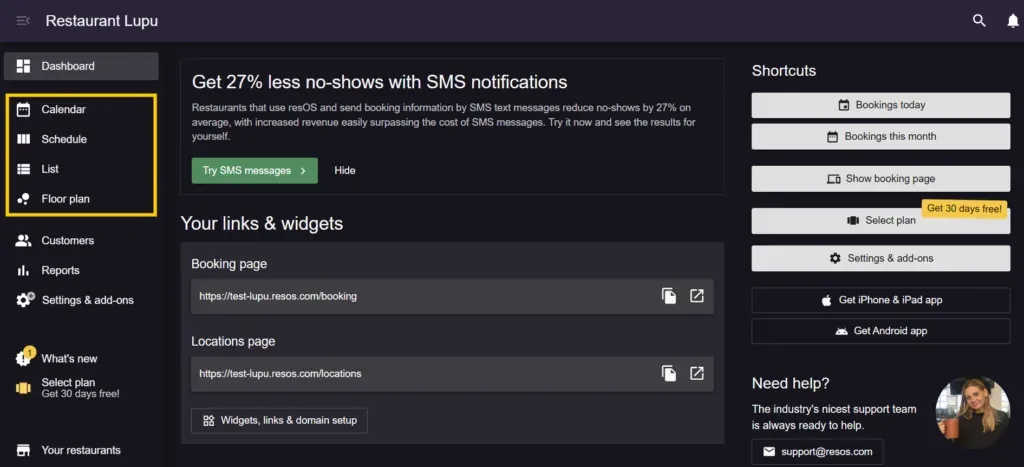 Overview of new Resos booking views including calendar, schedule, list, and floor plan