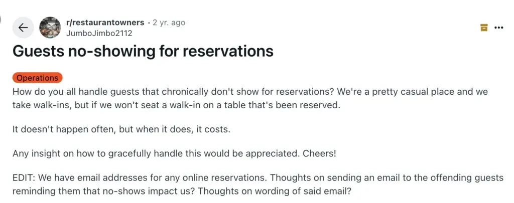 No shows – restaurant owner