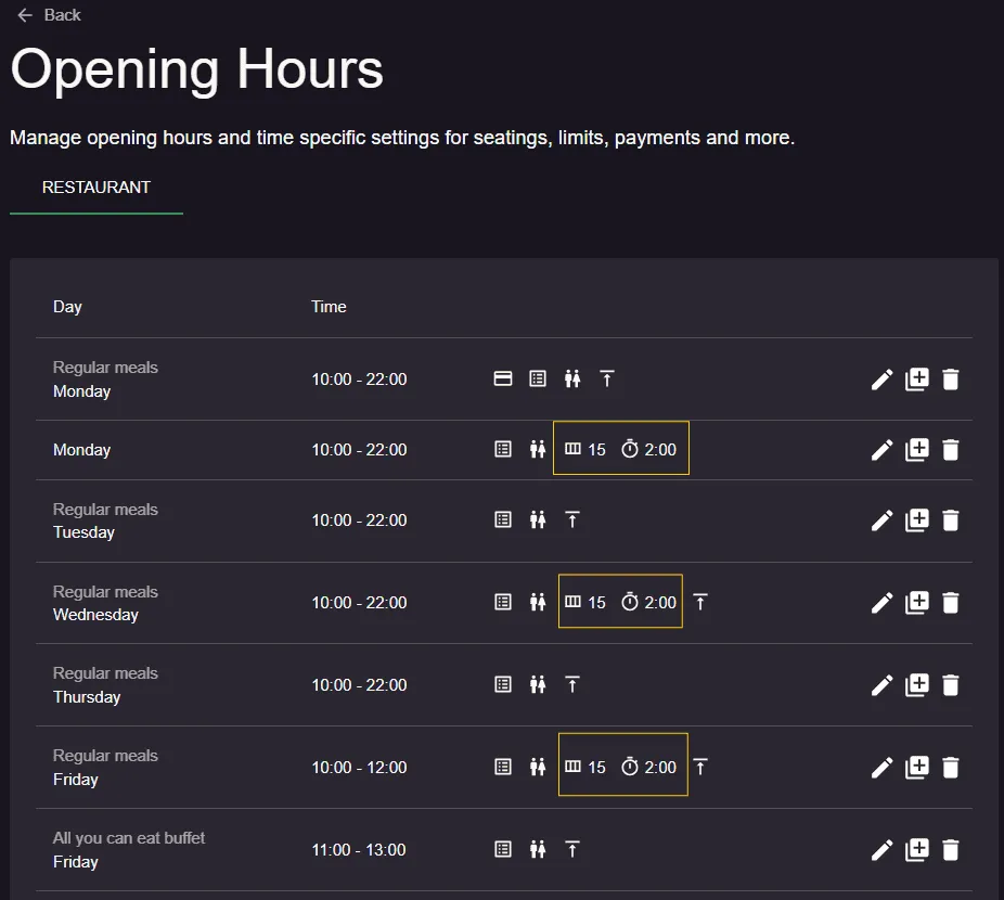 opening hours with customized seatings