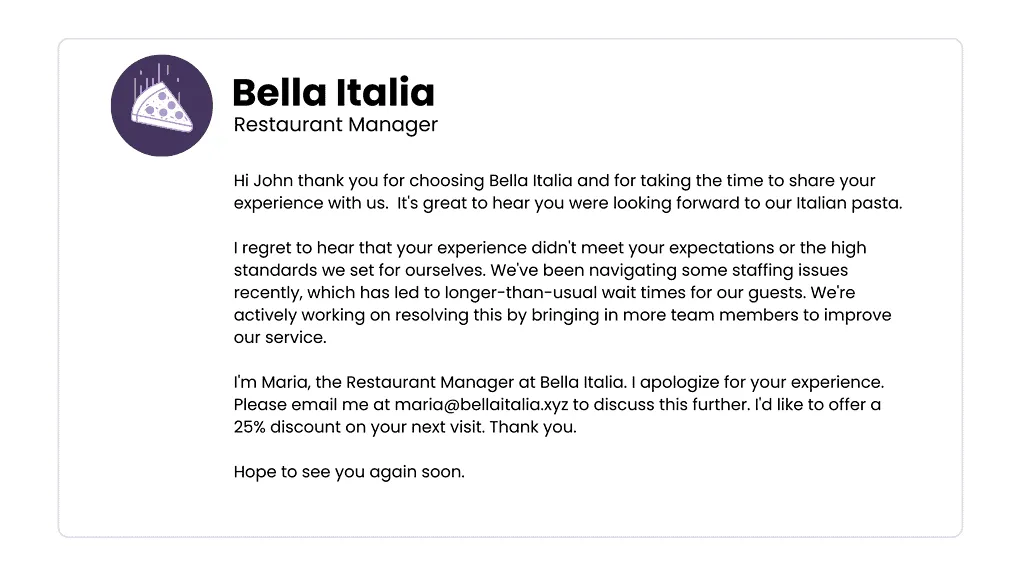 Professional response from the restaurant manager for a bad review