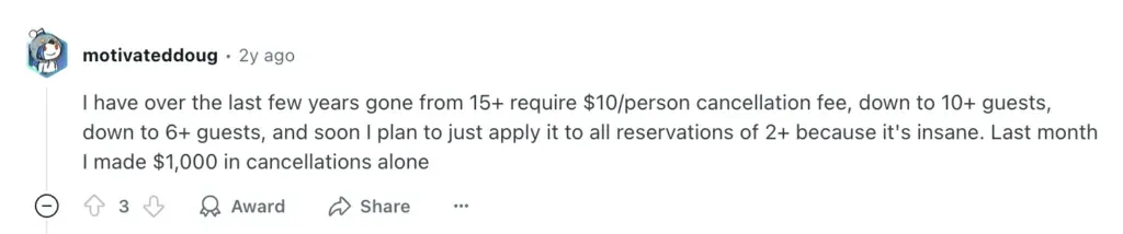 Reddit post about cancellation fees collected to reduce restaurant no-shows
