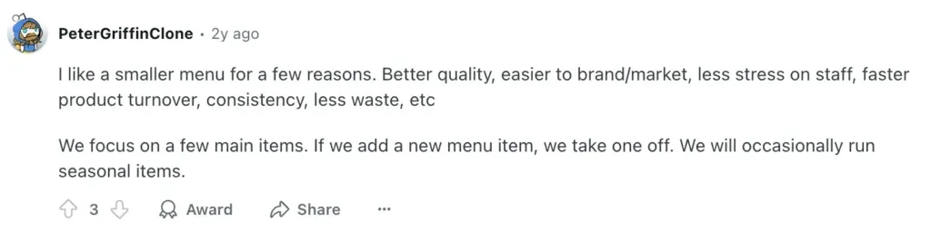 Reddit user - Menu advice