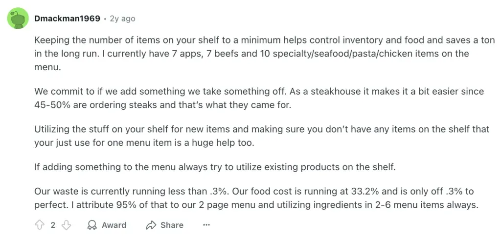 Reddit user – restaurant owner menu advice for better sales