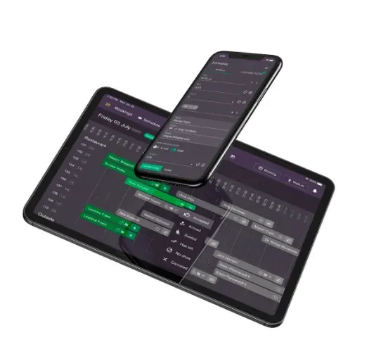 Resos booking app shown on iPhone, iPad, and Android devices